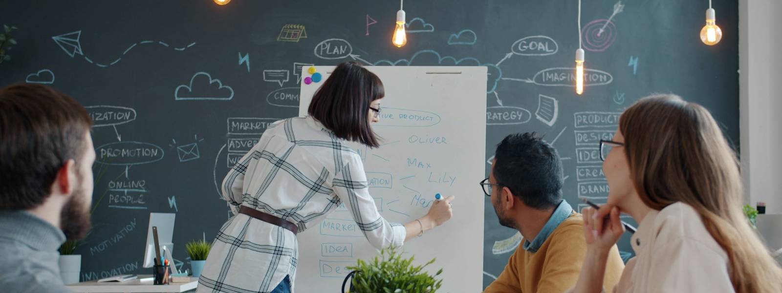 Marketing team planning a campaign at a chalkboard strategy wall